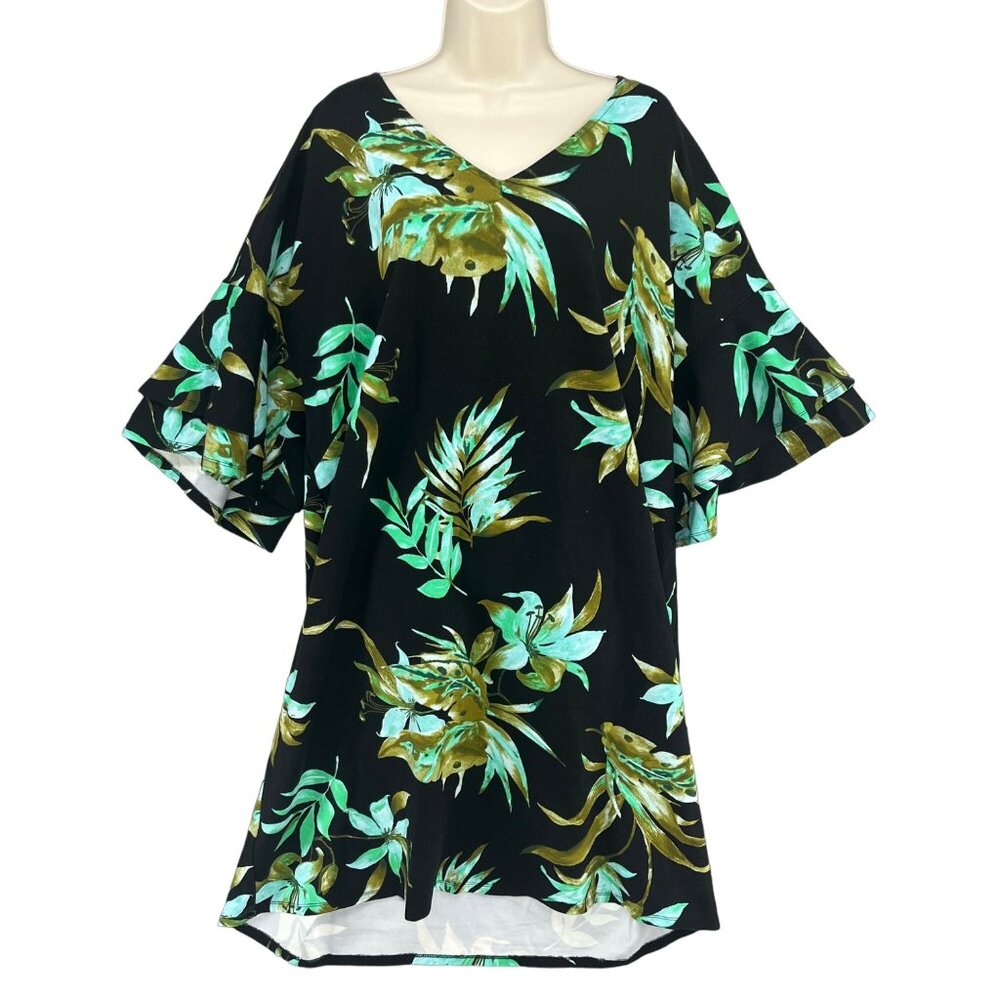 Lauren Ralph Lauren Ponte Shift Dress Black Green Leaf Print 3/4 Sleeve Size 3X